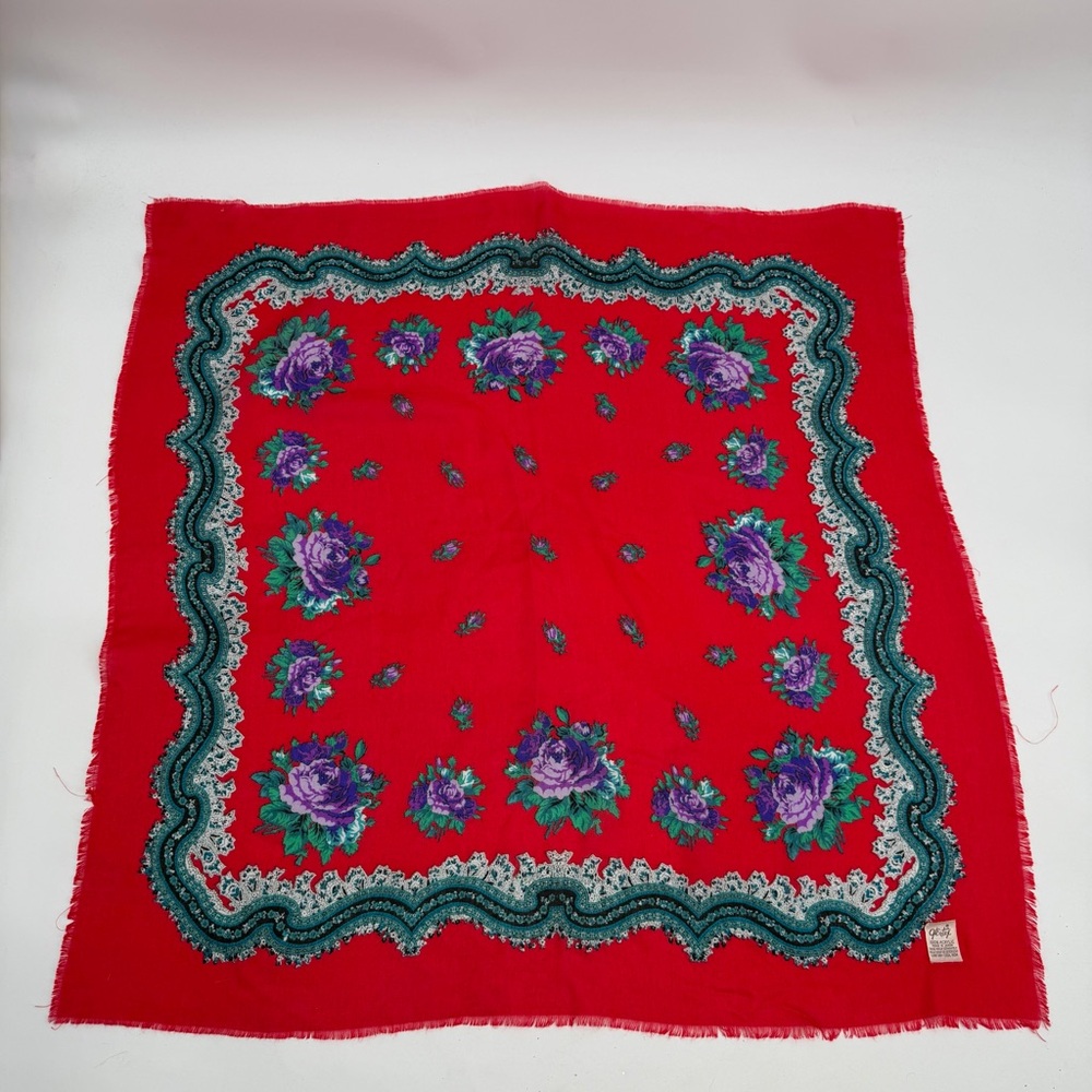 Glentex Scarf Red Paisley Floral Vintage Acrylic Square Soft Japan -flaw